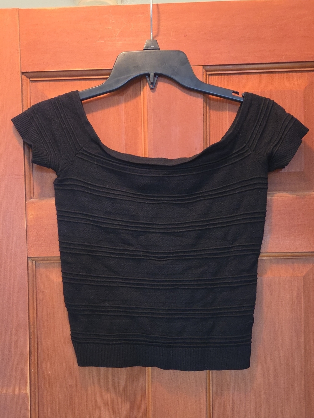 American Eagle Crop Black Ribbed Stretchy Off-Shoulder Knit Top